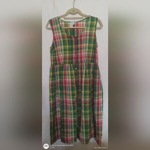 Vicki Wayne 100% Cotton Plaid Sleeveless Dress 10 Petite Natural Green Cottageco